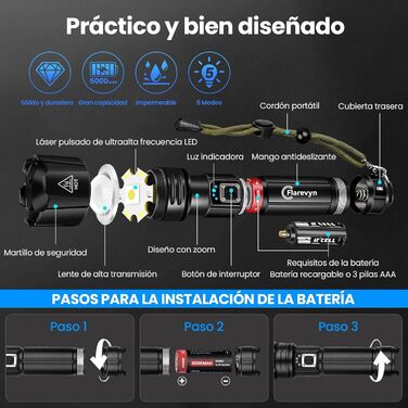 Потужний ліхтарик LED - 1000000 люмен, акумулятор 5000 mAh, IP67 водонепроникний, 5 режимів, для кемпінгу/походів/відпочинку на природі/надзвичайних ситуацій