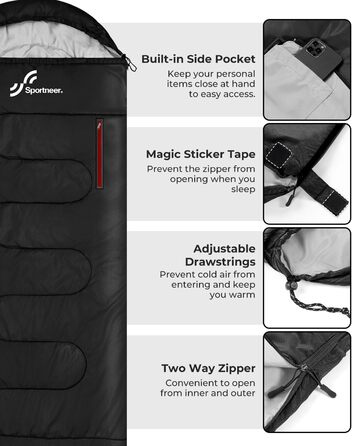 Сплячий мішок Sportneer Outdoor - ковдровий спальний мішок 3-4 сезони для дорослих, теплий, для кемпінгу, подорожей та активного відпочинку, 220x85 см, чорний