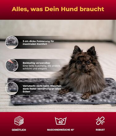Підстилка для собак XS (45x65 см) – двостороння та зручна з наповнювачем 3 см – ідеальна для дивану, авто та переноски – лапка сірого кольору, Made in Germany 45 x 65 см, сіра лапка