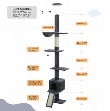 PAWZ Road Дерево для котів з гамаком та котячою печерою, регульоване по висоті (216-273 см), антиковзне кріплення, темно-сірий