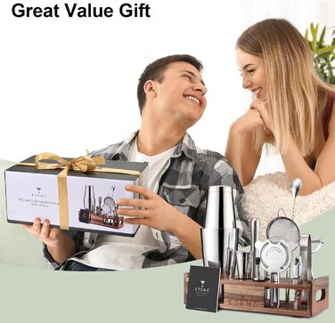 Набір бармена Etens 15 предметів з дерев'яною підставкою – набір шейкерів Boston з нержавіючої сталі з мірним стаканом, стрейнером, мадлером та аксесуарами для бару – професійний міксологічний набір у подарунок для дому та бару