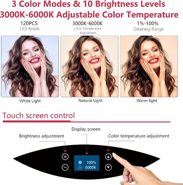 LED кільцеве світло з штативом, 48.3 см, дисплей, сенсорне керування, регульоване світло для макіяжу, студії, портретів, влогів, відеозйомки, з сумкою та пультом дистанційного керування, CRI > 97