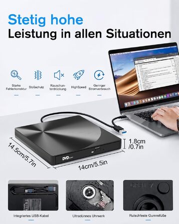 Зовнішній USB 3.0 та USB-C CD/DVD привід varkda для ноутбука та ПК, портативний DVD-плеєр та записник (RW/ROM), сумісний з Windows, macOS, Linux, чорний