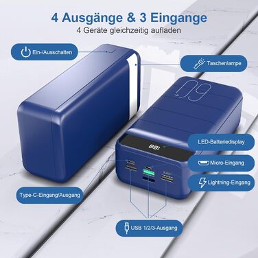 Power Bank 60000mAh з LED-дисплеєм, 22.5W PD USB-C, 4 виходи та 3 входи, сумісний з iPhone, Android, планшетами