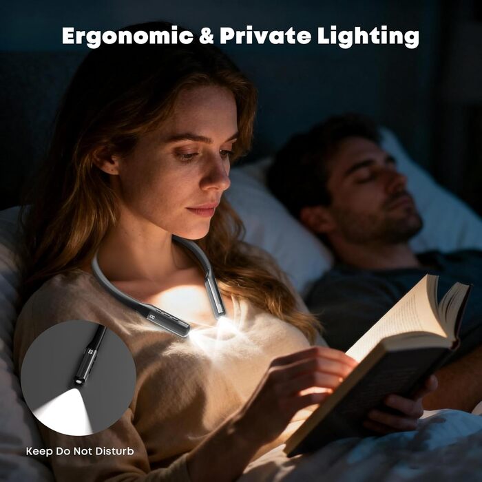 Ліхтар на шию LQWELL для читання, в'язання, рукоділля: LED лампа з регульованою яскравістю та кольором, акумуляторна, чорна