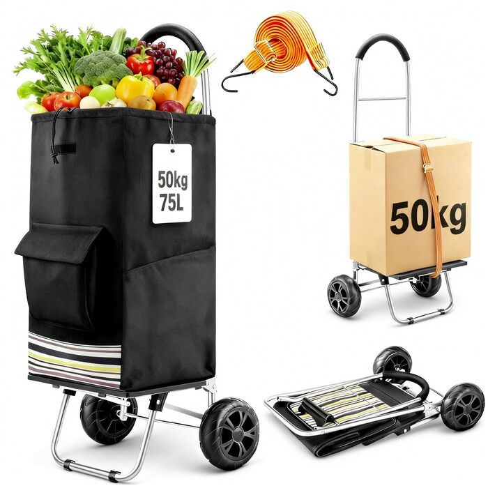 Складаний візок для покупок 75 л з нержавіючою рамою та водонепроникною сумкою (чорний)