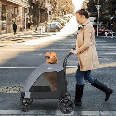 GOPLUS Складаний візок для собак, переносний для домашніх тварин на 4 колесах з кишенькою, сітковими віконцями та регульованою ручкою, візок для собак, розкладний, 60 кг, 67 x 98 x 88 см