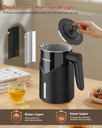 Електричний чайник з нержавіючої сталі 2200W з швидким нагріванням, автоматичним вимкненням, захистом від сухого кипіння, 1.7L, без BPA, без контакту з пластиком, тихий, чорний