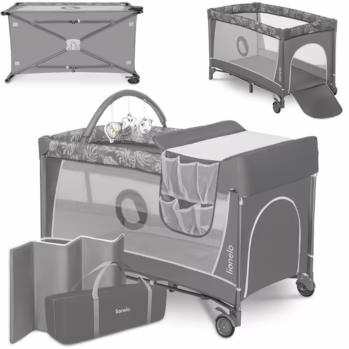 Lionelo Flower 4in1 Travel Cot Baby, Playpen Baby with Side Entrance, Changing Table, Two Mattress Suspension Heights, Play Arch with Figures, Wheels, Carry Bag 1 Piece (1 Pack) Light Grey