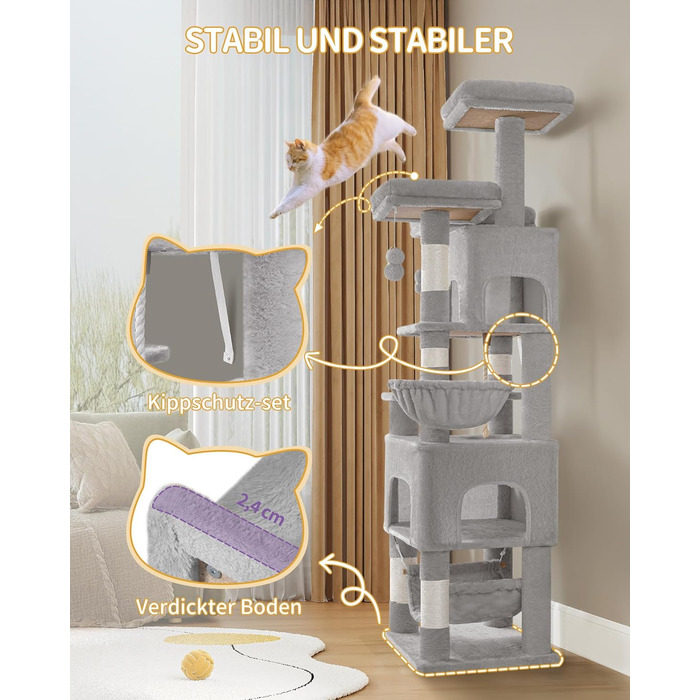 Кігтеточка для котів Hzuaneri, 176 см, XL, 3 платформи, 2 печери, 7 стовпчиків, гамак, плюшеві кульки, для багатокотових домівок, MS17618SG (Світло-сірий)