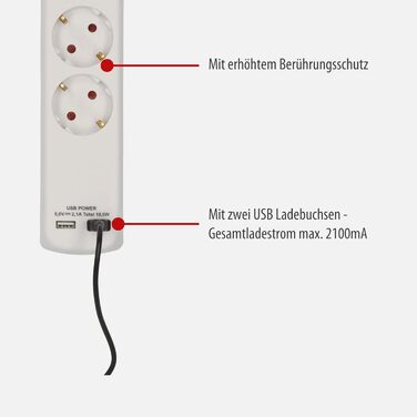 Смуга розеток Brennenstuhl Bremounta з USB та вимикачем, настінна, біла, 6 розеток, 2м та 3м кабель