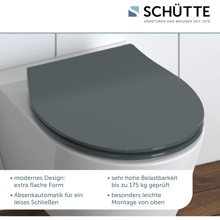 Сидіння для унітазу SCHÜTTE SLIM з мікроліфтом (Duroplast), швидкознімне, витримує до 175 кг, колір антрацит (чорний)