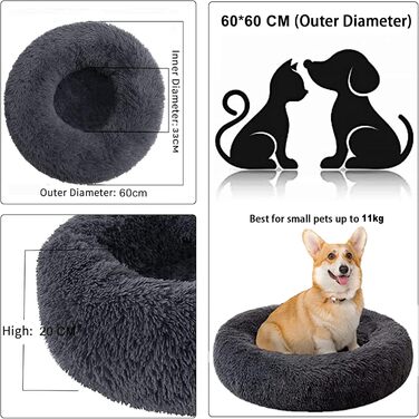 Кругле ліжко для котів та собак, 60 см, м'яке, миється, плюшеве, сірий колір (L)