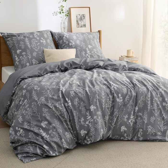 BEDSURE Комплект постільної білизни 135x200, бавовна, 4-х частинний - сірий, з крізь-застібкою, з двома наволочками 80x80 см, з малюнком гілок, сертифікат ÖKO-TEX