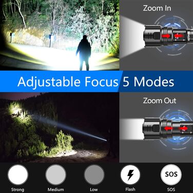 Ліхтарик Daphomeu LED акумуляторний, 500000 люмен, надяскравий, тактичний, зум, водонепроникний, 5 режимів, для кемпінгу, туризму та екстрених ситуацій