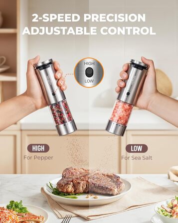 Sangcon Electric Salt and Pepper Grinder Set, 2 Speeds Rechargeable, 6 Externally Adjustable Grind Settings, Automatic Salt and Pepper Grinder Set with Storage Base, One-Hand Operation
