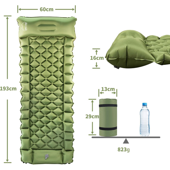 Каремат для кемпінгу та відпочинку на природі: самонадувний килимок, легкий, антипрокольний, з помпою та подушкою (армійний зелений)