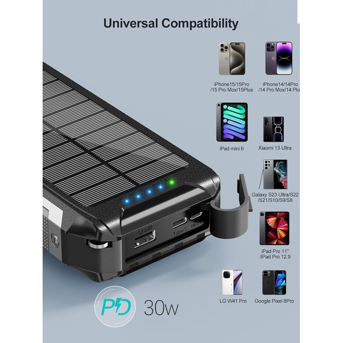 Портативний зарядний акумулятор Solar Powerbank 26800mAh з MagSafe, 30W USB-C, бездротовий заряд 15W, LED, ліхтарик, чорний