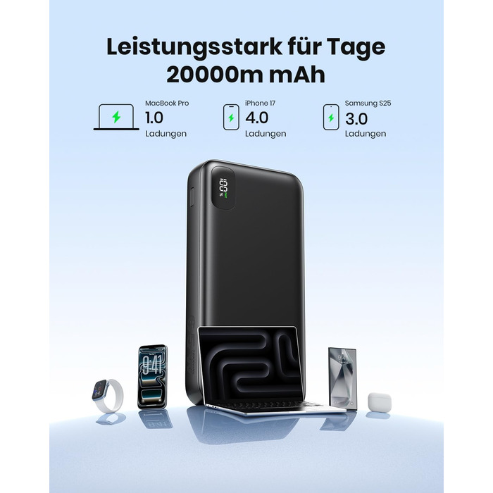 Power Bank A ADDTOP 20000mAh 65W: зарядний пристрій для ноутбука, iPhone, iPad. 2 USB-C, 1 USB-A. Чорний