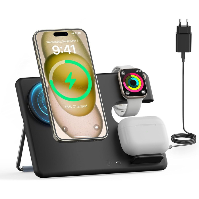 Зарядний пристрій JoyGeek 3-в-1 з MagSafe для Apple Watch, iPhone 16/15/14/13/12/Plus/Pro Max, AirPods 2/Pro 2, чорний