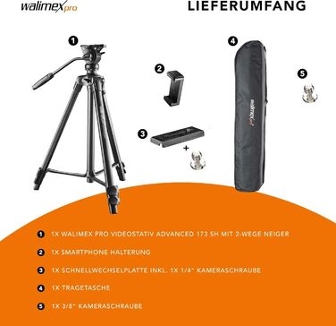 Відеоштатив Walimex pro Advanced 173 SH для DSLR камер, камкордерів та смартфонів, макс. навантаження 4 кг, з тримачем для телефону та сумкою