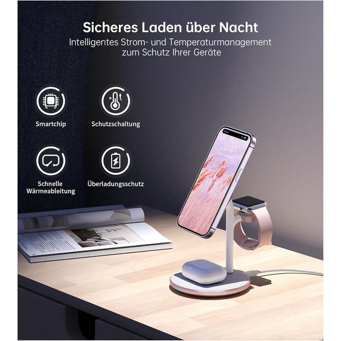 База для бездротової зарядки 3-в-1: iPhone, iWatch, AirPods. 15W, MagSafe, рожеве золото