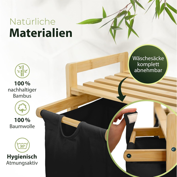 AMBIAVO® Laundry Basket with 3 Compartments and Wheels [black, 100% cotton, bamboo, 90 l volume] | Laundry Collector for dirty laundry | Laundry sorting system | Laundry sorter wood | Laundry box | laundry baskets
