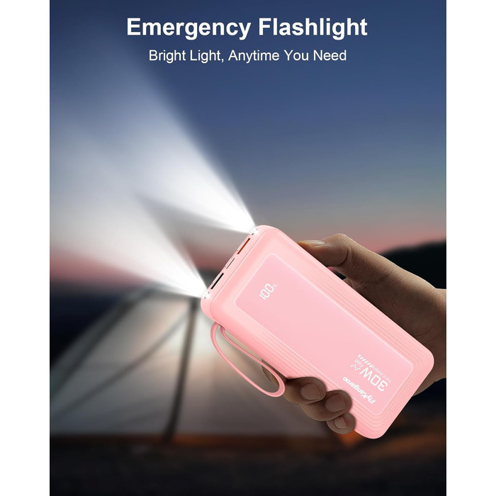 Повербанк 27000mAh з 4 вбудованими кабелями, 30W Power Bank USB-C швидка зарядка з LED-дисплеєм для iPhone, Samsung, iPad та Android, рожевий