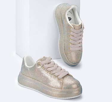 Жіночі кросівки LUCKY STEP зі стразами, платформа, блискучі, модель для вечірки, весілля, прогулянок (39 EU, золотий колір)