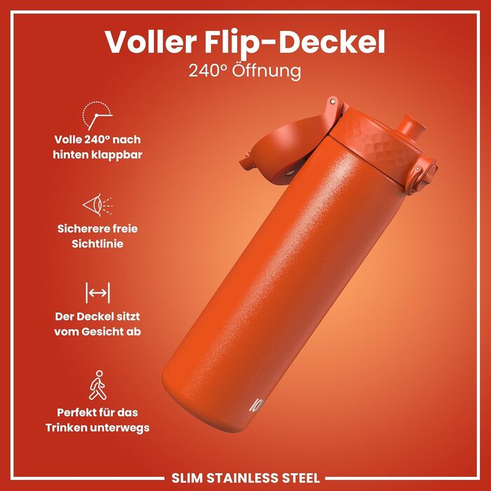 Ion8 Stainless Steel Water Bottle, 600 ml, Leak-Proof, One-Handed Opening, Secure Locking Mechanism, Dishwasher Safe, Flip-Top Lid, Carrying Handle, Easy to Clean, Durable & Scratch-Resistant (Stainless Steel, Orange)