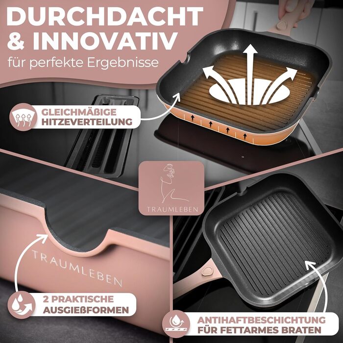 Гриль-сковорода NEU 28 см з виливом та знімною ручкою, антипригарна, без PFOA, для індукції, жаростійка, рожева