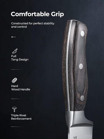 AMEGAT Self-Sharpening Knife Block Set with Carving Fork - Premium Stainless Steel Knife Set with Wooden Block - Vollerl & 3-Rivets Design