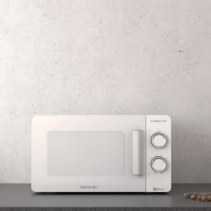 Мікрохвильова піч Cecotec Pro Clean 3120 з кварцовим грилем 800 Вт, антибактеріальним покриттям Ready 2 Clean, технологією 3D Wave, об'єм 20 л, 6 режимів, біла дверцята