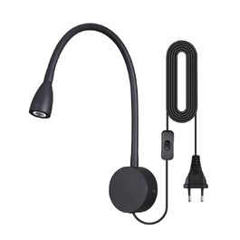 Світлодіодний настінний світильник для читання 3W теплий білий 3000K чорний, з вимикачем на шнурі