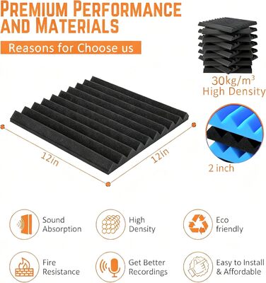 Акустичні панелі зі звукопоглинаючого поролону самоклеючі, 48 шт, пірамідні панелі для шумоізоляції студії та офісу, чорні, 30x30x2.5 см