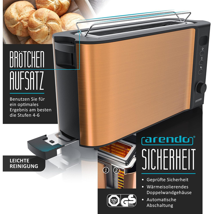 Набір чайник та тостер Arendo Edelstahl Kupfer, 1.7л, 2200W, з підігрівом, 2 Scheiben, 1000W, з підставкою для булок