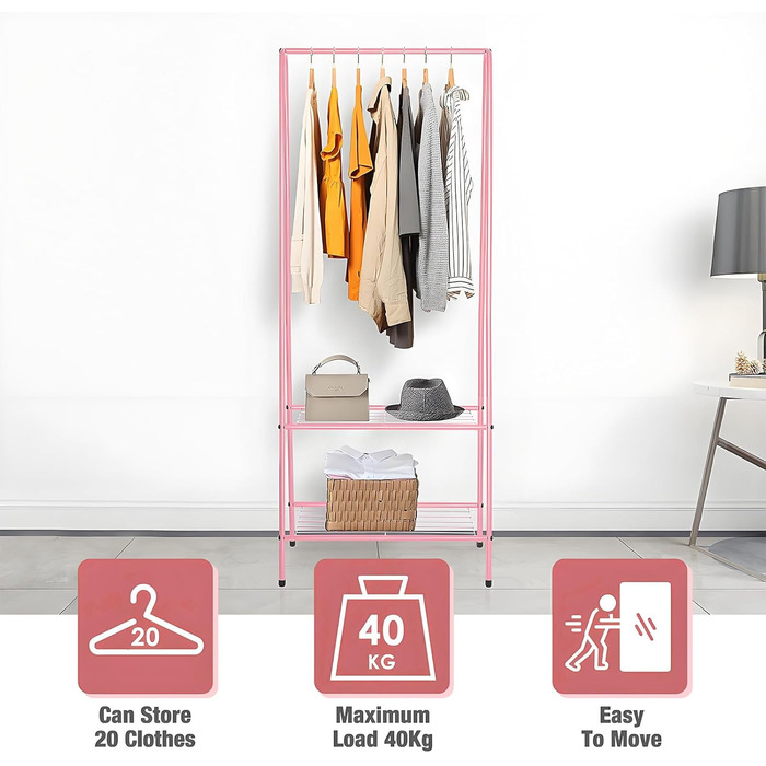 Стійка для одягу з роликами, рожева – міцна стійка для зберігання одягу