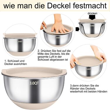 Mixing Bowl Set of 6, Stainless Steel Bowl Salad Bowl Set with Lid & Silicone Bottom, 3 Grater Attachments, 4.7l/3.8l/2.8l/1.9l/1.4l/0.6l, Non-Slip & Stackable - Khaki