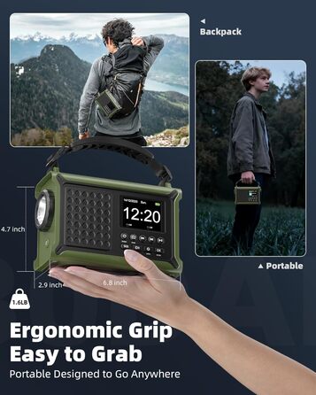 Радіоприймач Kurbelradio з DAB/DAB+/UKW, сонячною панеллю 8500 мм², акумулятором 12000 mAh та ручним генератором 650 mA. Радіо з Bluetooth 5.0, ліхтарик, зарядний пристрій USB, для кемпінгу та надзвичайних ситуацій (зелений)