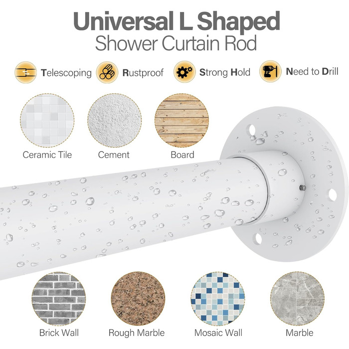 Кутова душова штанга L-подібної форми, регульована, з 12 гачками та підставкою для стелі – 99,1 см – 175,3 x 149,3 см – 215,3 см (білий)