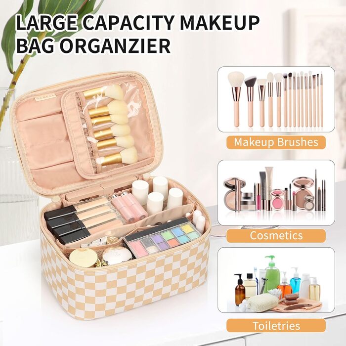 Косметичка для жінок, велика сумка для макіяжу, дорожня косметичка-вояж, косметична сумка для подорожей з ручкою та роздільниками (A-шахова, хакі)