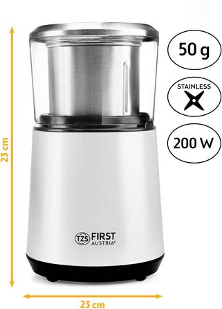 Електрична кавомолка TZS First Austria, 200W, 27000 об/хв, 4 леза з нержавіючої сталі, контейнер 50г, тиха, компактна, легка у чищенні, з котушкою для кабелю (біла)