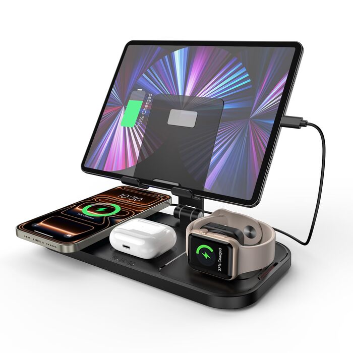 Бездротова зарядка 4-в-1 для Apple iPhone, Apple Watch, AirPods та iPad, з кабелями, чорний