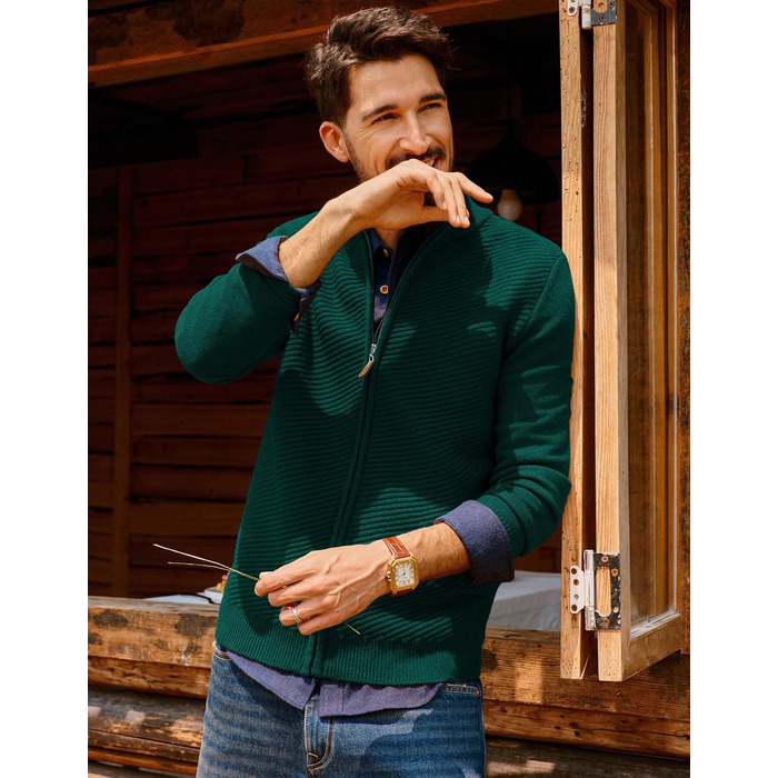 Кардиган чоловічий PJ PAUL JONES з блискавкою та стоячим коміром, грубий в'язання (S, Зелений)