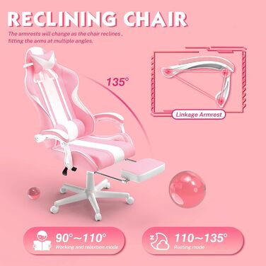 Геймерське крісло Ferghana Ergonomisch з підставкою для ніг та подушками: рожеве, для комп'ютера