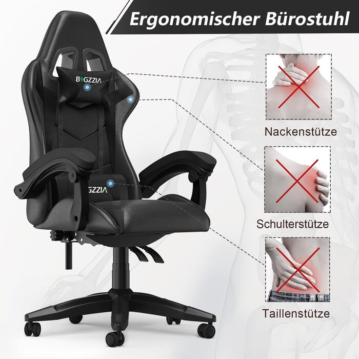 Геймерське крісло Racingreat Ergonomic: PC крісло для геймерів та офісу з регульованим кутом нахилу, PU шкіра, подушка під голову. Чорне.