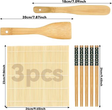 Набір для приготування суші на 10 порцій: 3 бамбукові мати, 5 пар паличок, ніж та ложка для рису. Для початківців та професіоналів