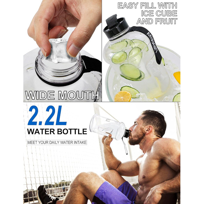 Пляшка для води 2.2л з ручкою, велика прозора, BPA-free, для спорту, туризму, фітнесу, подорожей - міцна пластикова пляшка