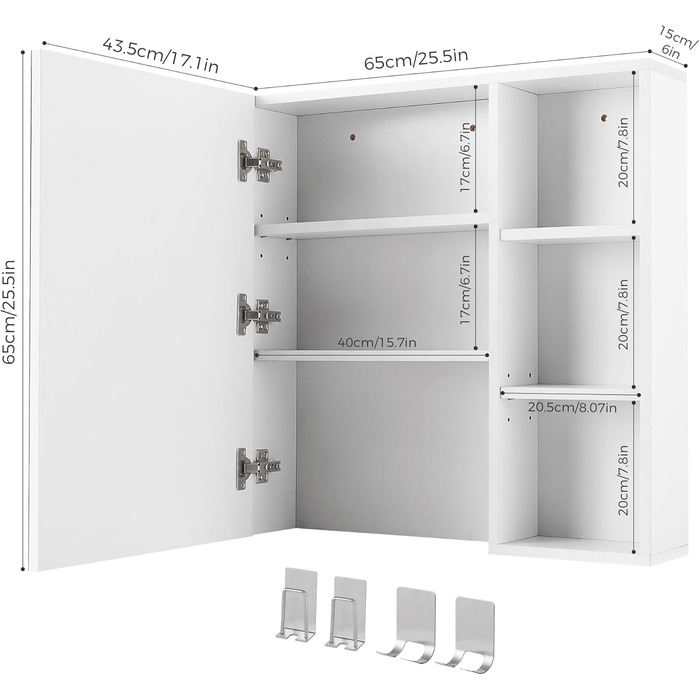 Bathroom cabinet with mirror, mirror cabinet for the bathroom wall-mounted with toothbrush holder and adjustable shelves, ventilation design, 65 x 15 x 65 cm, White