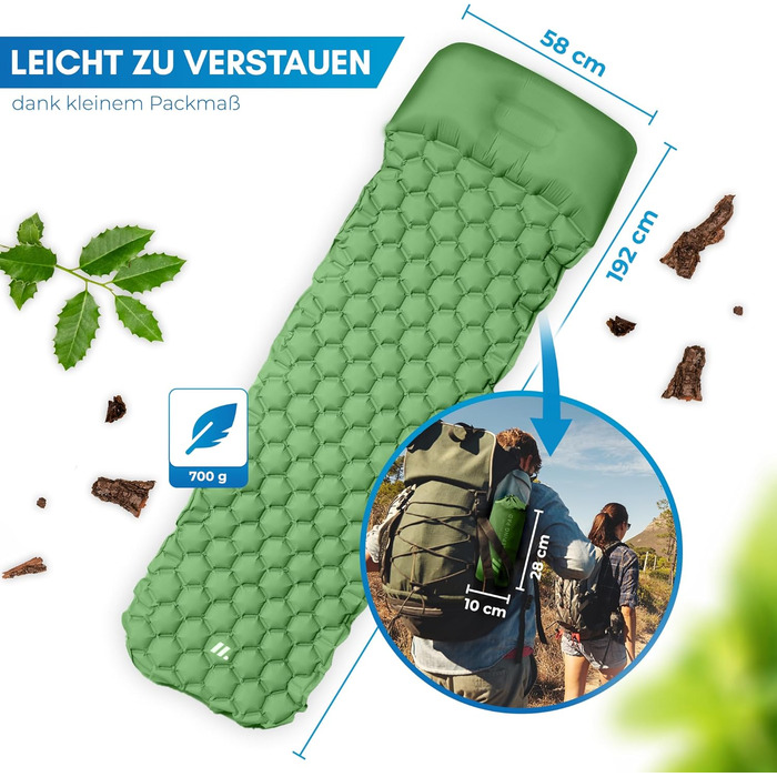 Килимок для кемпінгу NORDMUT® Isomatte Outdoor з ремкомплектом | Легкий килимок для туризму, пікніків та відпочинку на природі - компактний, зелений